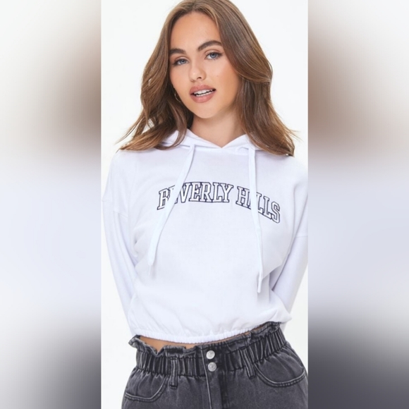 Forever 21 Tops - White Cropped Beverly Hills Hoodie